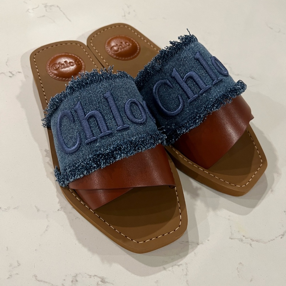 ❌SOLD❌ Chloé Woody Logo Denim & Leather Slide